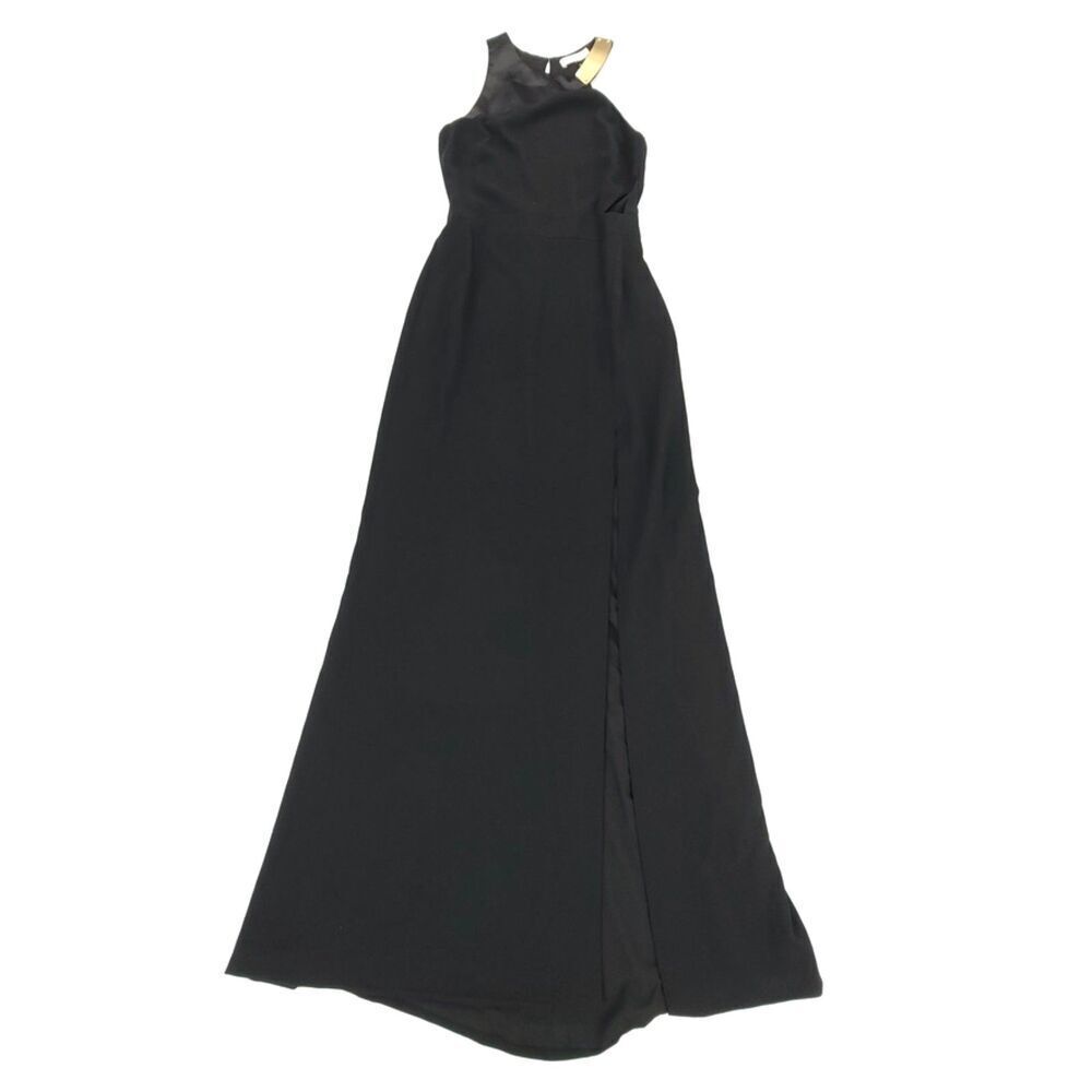 HALSTON HERITAGE Asymmetric Metal Plate Crepe Gown Formal Dress Black Satin 0